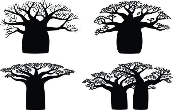 Baobab tree silhouette icons in assorted shapes for African nature landscape and botanical design isolated vector