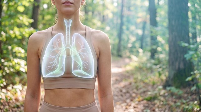 Outdoor Fitness, Lung Health and Fresh Air Respiratory Wellness. Woman in Forest with Digital Lung Model for Respiratory Health Concept