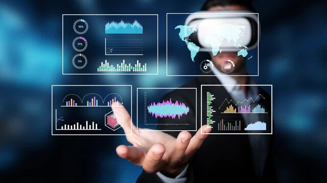 Business professional exploring virtual reality data visualizations with graphs and charts in futuristic digital environment Gluon.