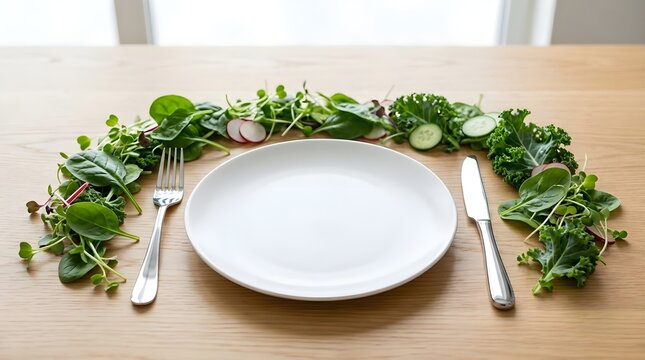 Empty Plate with Fork and Knife Surrounded by Greens for Diet Program Promotion