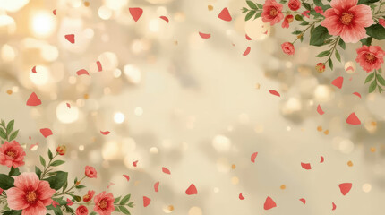 Fototapeta premium Floral festive background with golden sunlight and red petal