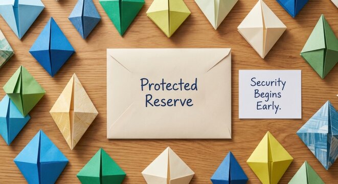 Envelope with 'Protected Reserve' text surrounded by colorful origami diamonds on a wooden surface