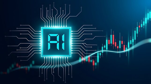 A glowing digital microchip representing artificial intelligence driving positive financial market trends upward