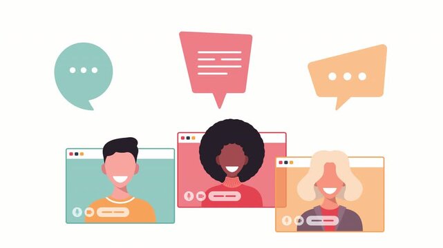Diverse people communicating in a digital conference call with speech bubbles during a video meeting concept isolated on white background