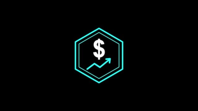 Neon blue hexagonal animation featuring a dollar currency symbol and upward rising graph trend finance money growth business market finance money growth business market