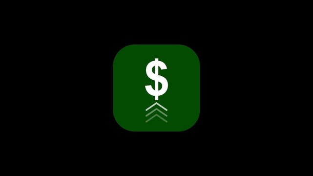 Green square animation with white dollar currency icon and vertical upward trending arrows finance money growth business market finance money growth business market