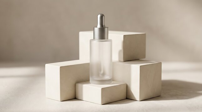 Glass serum dropper bottle standing on beige geometric podium blocks. high quality serum containers