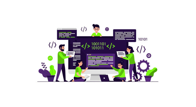 Team of Developers Collaborating on Software Coding and Web Development Illustration