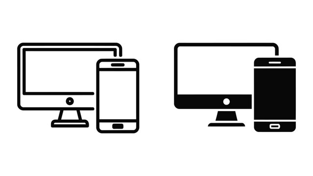 Desktop computer monitor and smartphone vector icon isolated on white background