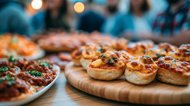 Baked bruschetta and savory pastries rest on wooden board during festive cocktail party in bright modern function hall.