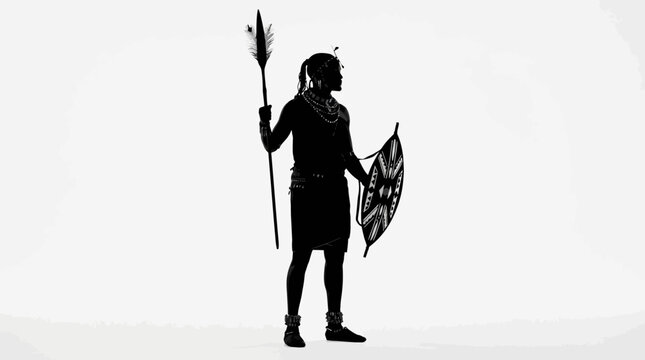 Silhouette of tribal warrior with spear and shield.