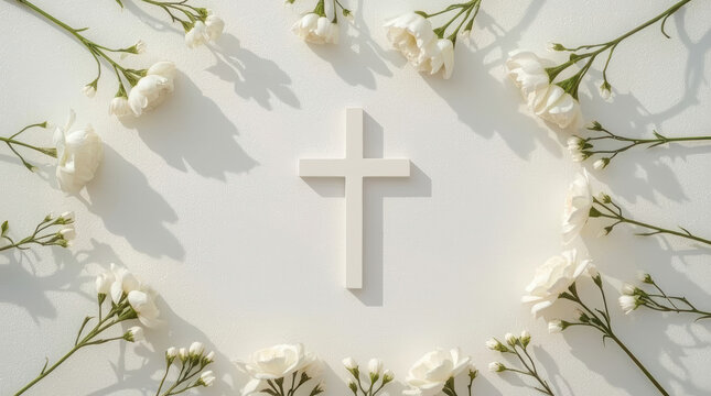 Minimal Christian Easter cross surrounded by white flower on bright background