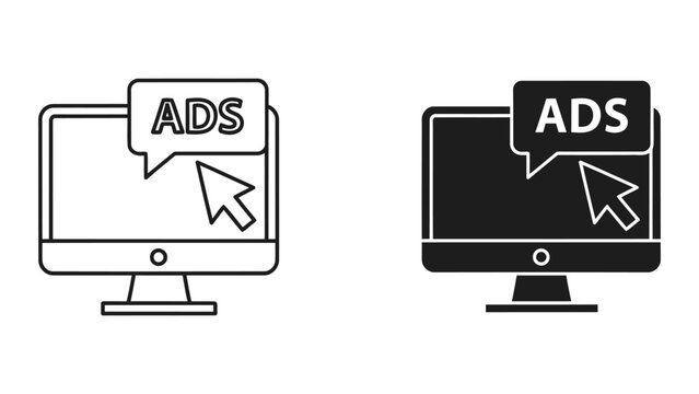 Computer monitor with ads icon set showing digital marketing and online advertising concept