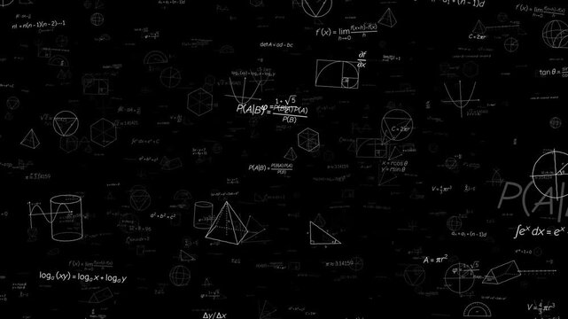 Mathematical formulas and geometry shapes in chalk on black, camera flying through equations, pyramids and spheres, science
