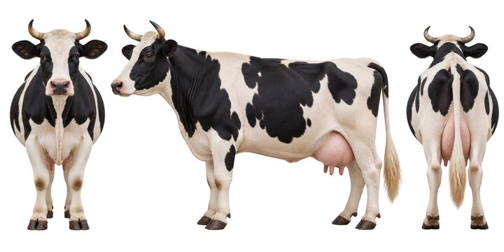 Three views of a Holstein cow including front side and rear perspective isolated on white background