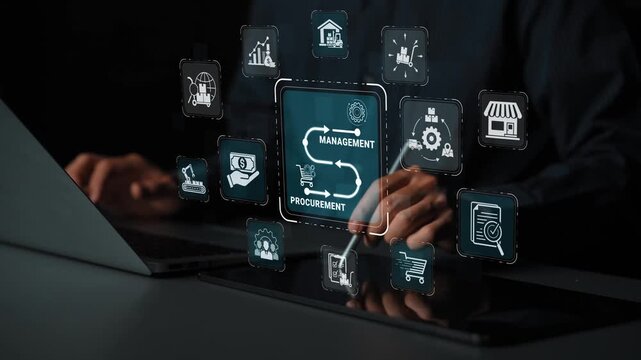 Digital procurement management interface with various applications and icons representing business strategies and workflow on laptop screen Sigmoid
