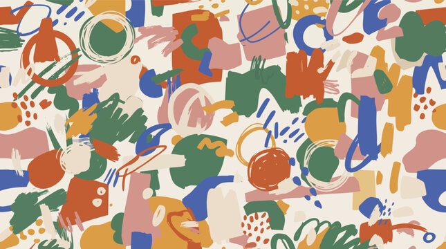 Vibrant abstract seamless pattern featuring colorful brush strokes, geometric shapes, and playful hand-drawn elements in a modern contemporary art style