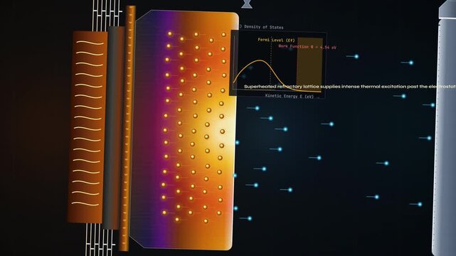 Detailed animated diagram of thermionic energy conversion showing thermal excitation of electrons crossing a vacuum gap to a collector to generate high current electrical power