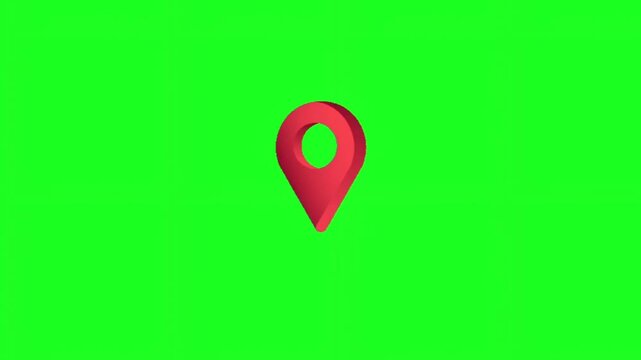 Three dimensional red location pin marker with circular shadow on a green screen background a 3D rendered map pointer featuring beneath it, isolated on for smooth