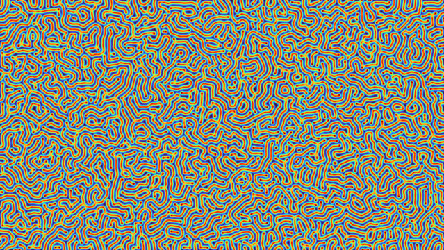 Seamless Turing pattern with orange, green, and blue gradient organic lines on a blue background