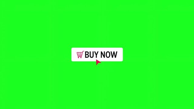 Red button labeled buy now with a shopping cart icon being clicked by a cursor digital with the text and on green screen background activated by computer