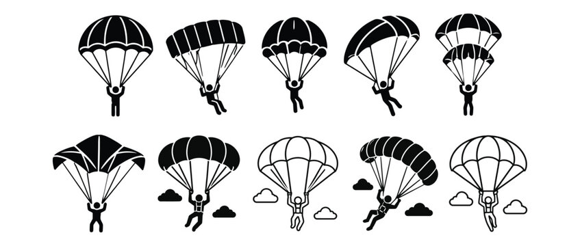 Set of ten skydiver and parachutist silhouettes performing extreme sports activities with extreme sport skydiving silhouette air sports sport icon skydiver parachutist