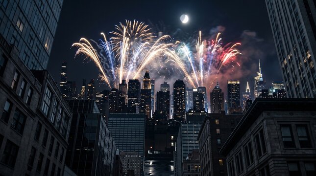 Grand fireworks display exploding in the night sky above city skyline