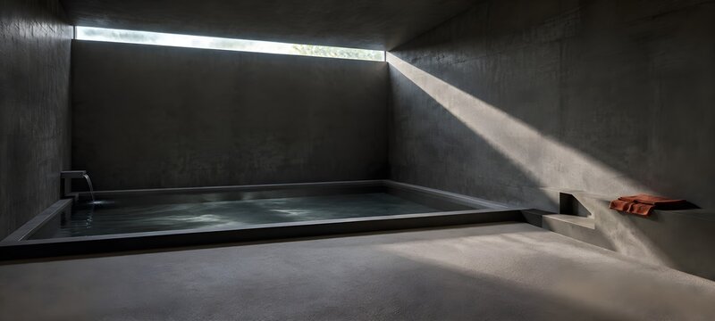 Cast concrete bathing area with a stepped changing ledge cut into the return wall and a folded cotton change resting on a low bench