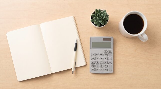 Flat lay desk workspace with open blank notebook calculator coffee cup and small succulent plant on wooden table