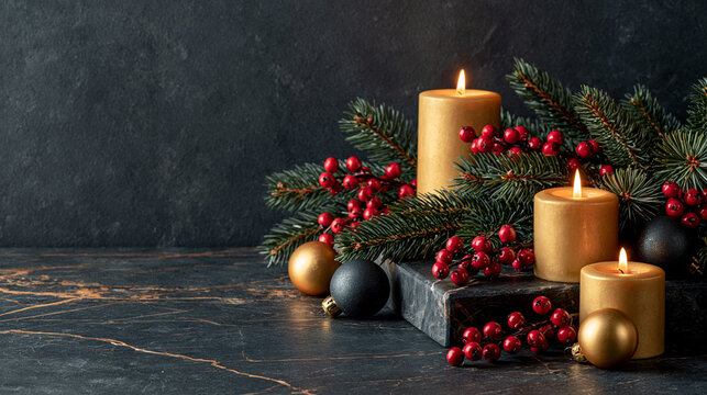 Christmas holiday background with gold burning candles red berries and pine branches on black marble surface.