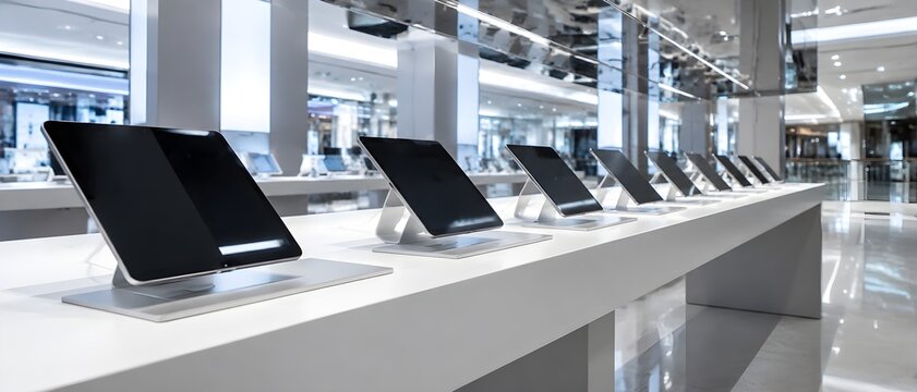 Long white display table in the electronics hall of a modern megamall carrying opened tablets with blank dark screens