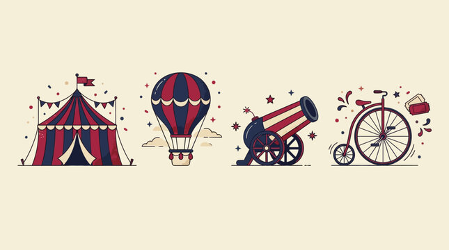 Vintage Circus Icon Set featuring retro illustrations of a big top tent, hot air balloon, circus cannon, and penny-farthing bicycle ideal for carnival event branding and festival posters.