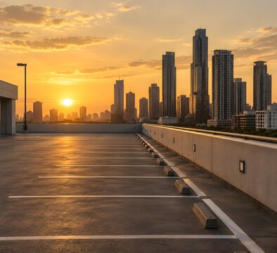 Open rooftop car park deck of a modern shopping mall at golden hour with empty painted bays and a low parapet