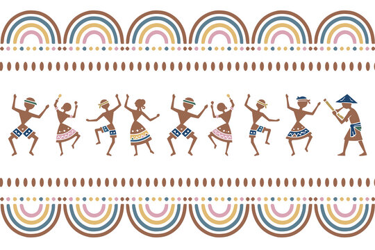 Folk musicians and dancers performing a joyful musical celebration in a colorful decorative border pattern.