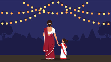 Obraz premium Mother and daughter watching decorative string lights at night during diwali or durga puja celebration wearing traditional indian saree garments and hairstyle.