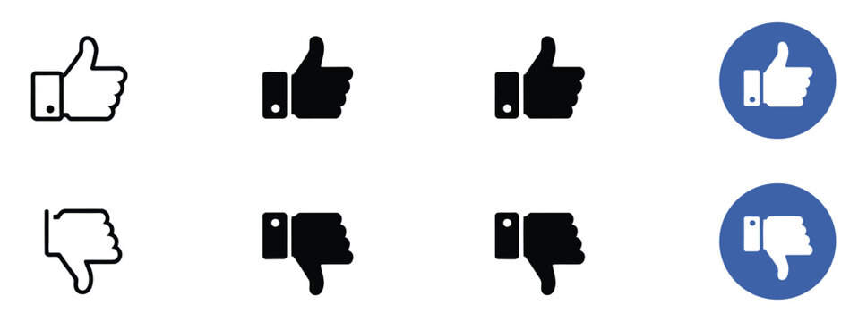 Like and dislike icons featuring thumb up and down symbols in outline, solid, and circular styles for social media feedback, reactions, voting, and user interaction.