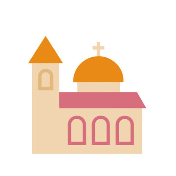 Flat church building with dome and cross
