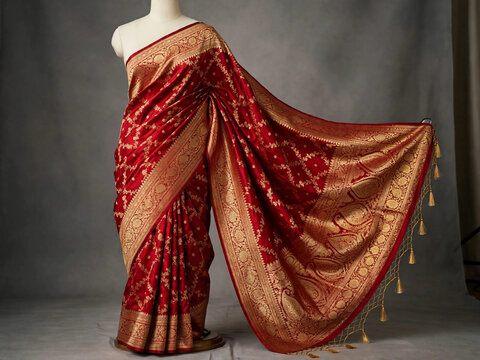 Bangladeshi Indian traditional red banarasi silk saree with heavy gold zari work tassels on mannequin bridal wedding