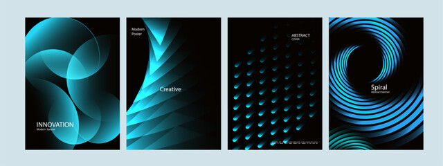 Obraz na płótnie Canvas Set of blue and black abstract poster designs with geometric shapes, gradient elements, circles and spiral line. vertical banner design vector.