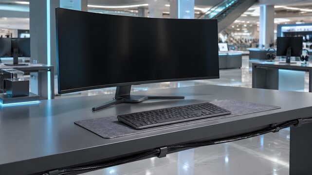 Curved ultrawide monitor with a dark unlit screen beside a wireless keyboard on a fabric mat in a megamall electronics store