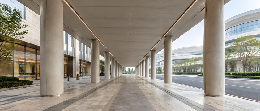 Covered vehicle drop off porch at the edge of a modern shopping mall with a row of slim elliptical concrete columns carrying a deck
