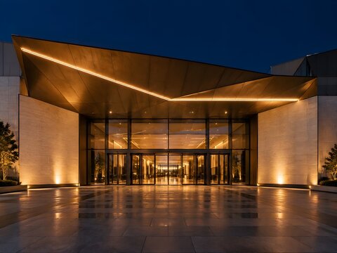 Folded angular aluminium entrance portal of a modern megamall at night with a continuous warm light reveal along the edge