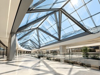 Naklejka na ściany i meble Triangular folded glass skylight roof over a mall concourse with laminated panes in graphite steel trusses