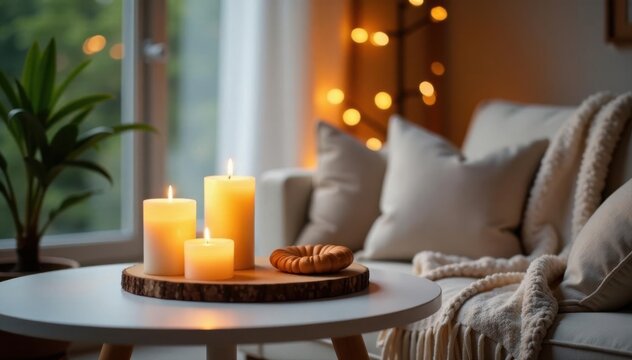 Cozy candlelight scene, white table, comfy sofa, soft throws , glow, hygge, romantic