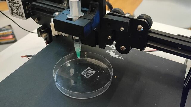 Bio 3D printer. A small bio 3D printer printed a small sample from hydrogel on a work surface. High-tech robotic device for layer-by-layer creation. New modern additive manufacturing. 3D printing