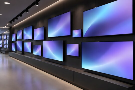 Grid of blank flat screens in staggered sizes mounted on a dark wall of a mall electronics shop