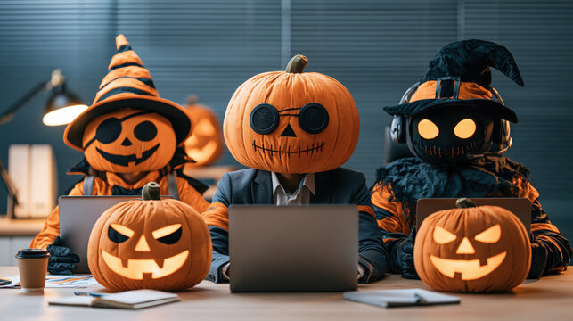 Halloween office fun with people in pumpkin costumes working on laptops, surrounded by jack-o'-lanterns.
