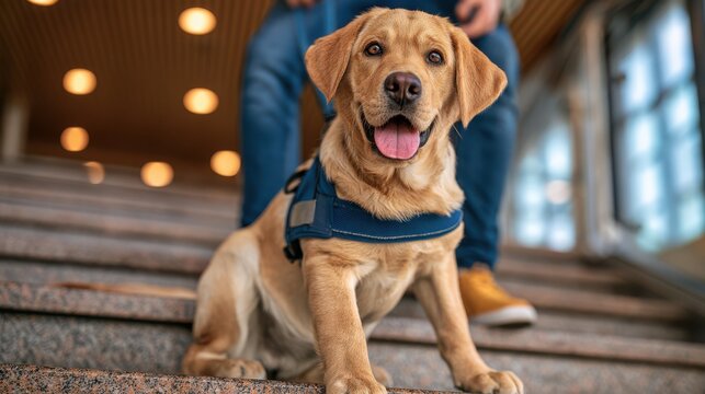 A guide dog in a harness carefully leads its owner, showcasing assistance and mobility support for visually impaired individuals in everyday life.