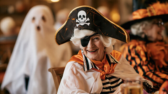 A happy senior woman in a pirate costume with an eye patch and a Jolly Roger hat smiles warmly, celebrating Halloween with friends dressed as a ghost and a witch in a festive autumnal setting.