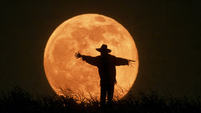 A solitary scarecrow stands silhouetted against a colossal, glowing full moon, its outstretched arms creating a striking image in the twilight sky.